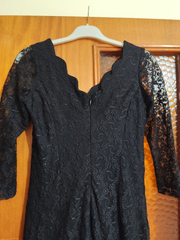 Siyah Dantel Uzun Kollu V Yaka Uzun Abiye Elbise - Görsel 3