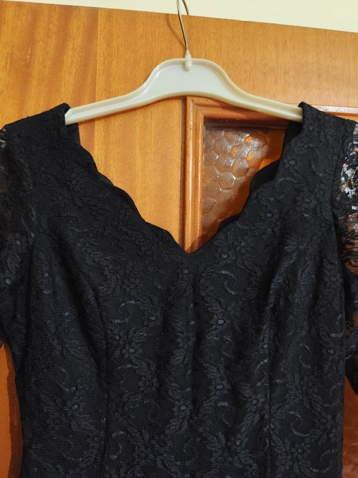 Siyah Dantel Uzun Kollu V Yaka Uzun Abiye Elbise - Görsel 5