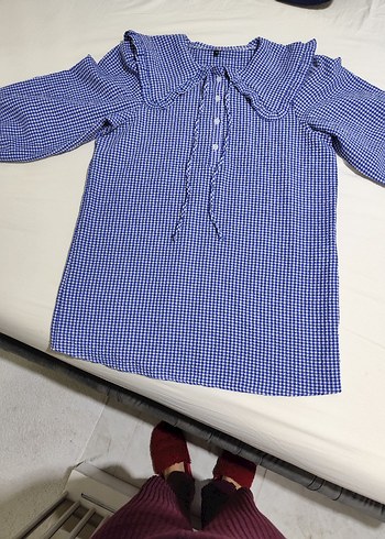 Mavi Kareli Fırfırlı Kadın Gömlek - Görsel 2