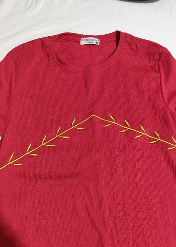 Uzun Kollu Kırmızı Nakışlı Triko Kadın Kazak - Görsel 2