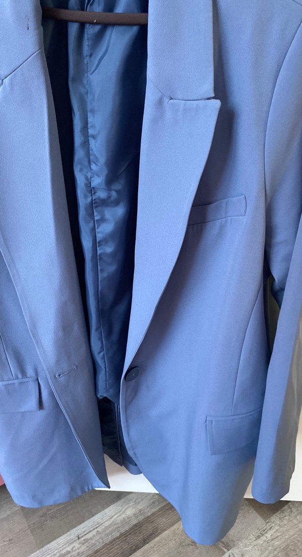 Mavi Düğmeli Kadın Midi Blazer Ceket - Görsel 2