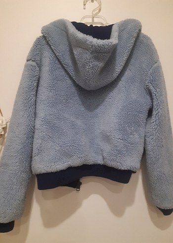 Mavi Kapüşonlu Peluş Kadın Mont - Görsel 5