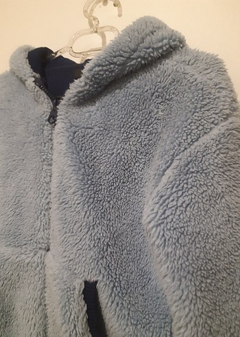 Mavi Kapüşonlu Peluş Kadın Mont - Görsel 2