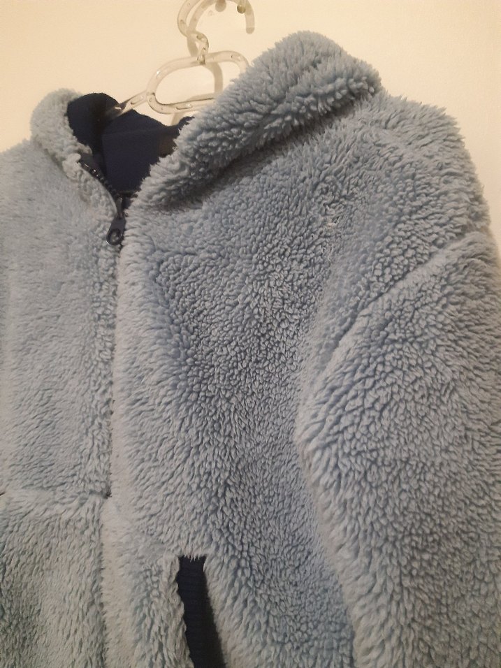 Mavi Kapüşonlu Peluş Kadın Mont - Görsel 2