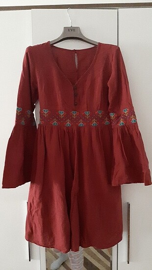 Kadın Keten Bordo Elbise 