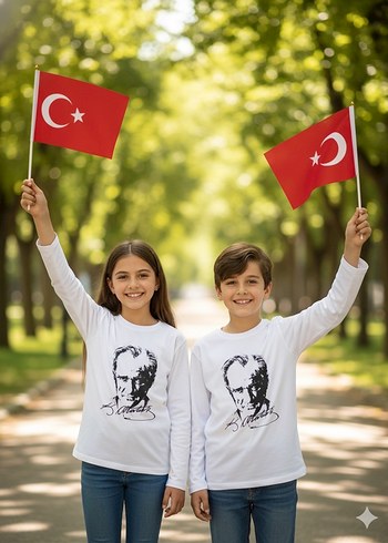 Beyaz Atatürk Baskılı Uzun Kollu Tişört