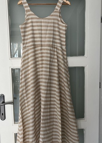 Düğmeli Keten Bej Çizgili Uzun Elbise - Görsel 3