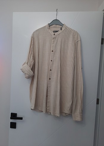 Bej Düğmeli Uzun Kollu Keten Erkek Gömlek - Görsel 2