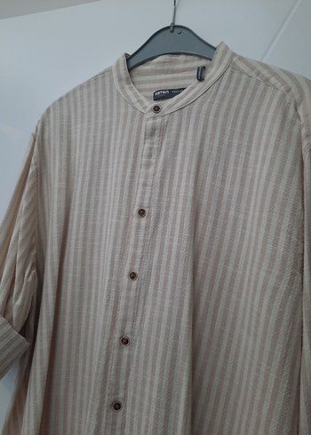 Bej Düğmeli Uzun Kollu Keten Erkek Gömlek - Görsel 6