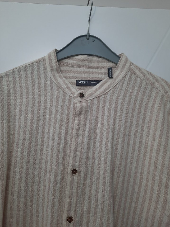 Bej Düğmeli Uzun Kollu Keten Erkek Gömlek - Görsel 3