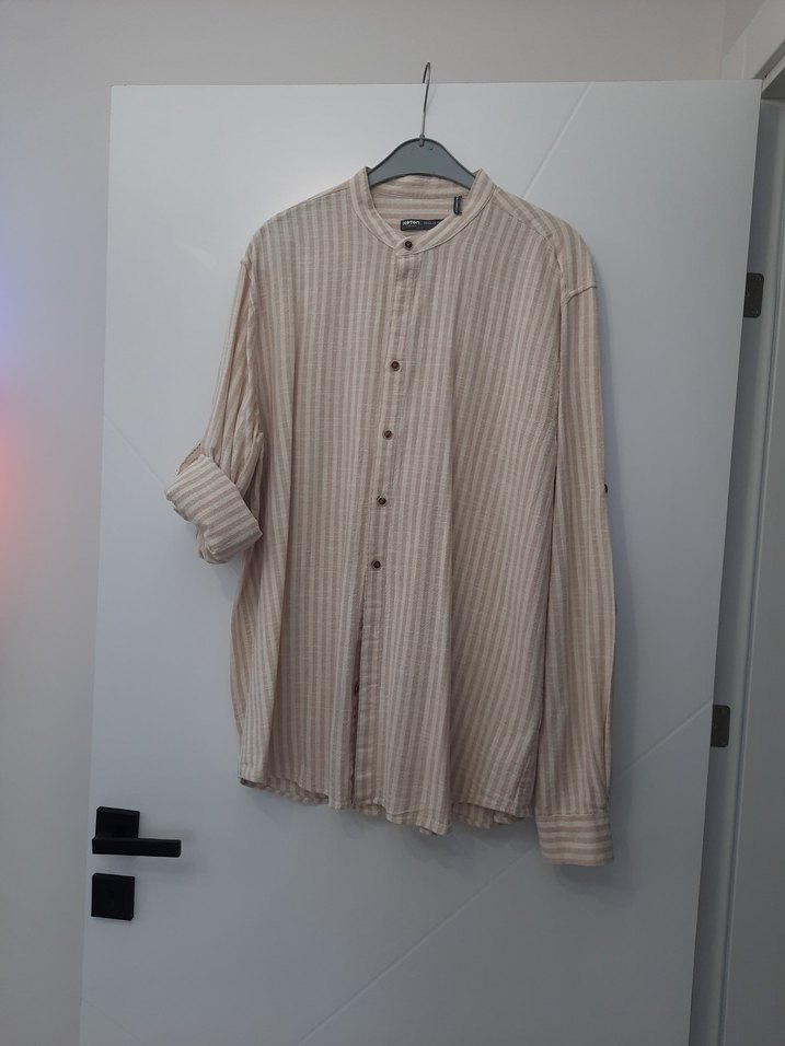 Bej Düğmeli Uzun Kollu Keten Erkek Gömlek - Görsel 2