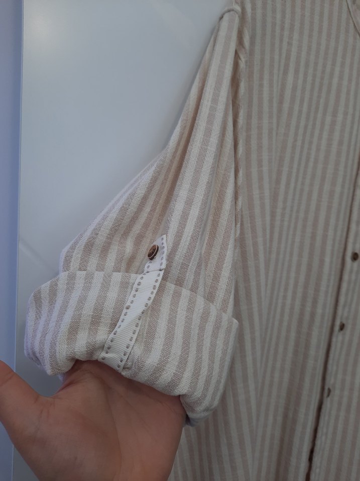 Bej Düğmeli Uzun Kollu Keten Erkek Gömlek - Görsel 4