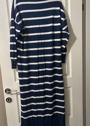 Lacivert Çizgili Pamuklu Uzun Triko Elbise - Görsel 3