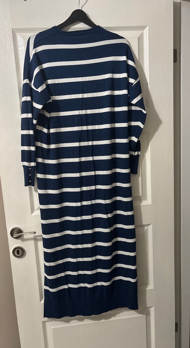 Lacivert Çizgili Pamuklu Uzun Triko Elbise - Görsel 3