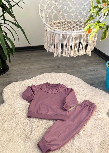 Mor Kapüşonlu Kız Sweatshirt takım - Görsel 4