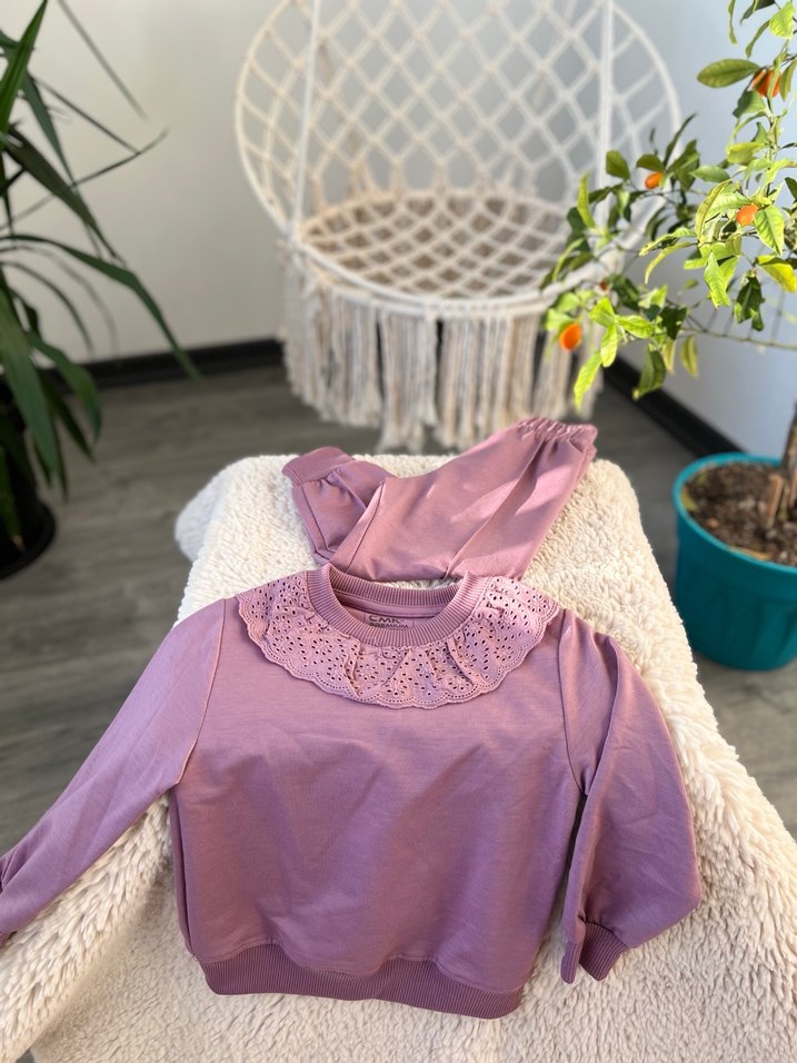 Mor Kapüşonlu Kız Sweatshirt takım - Görsel 3