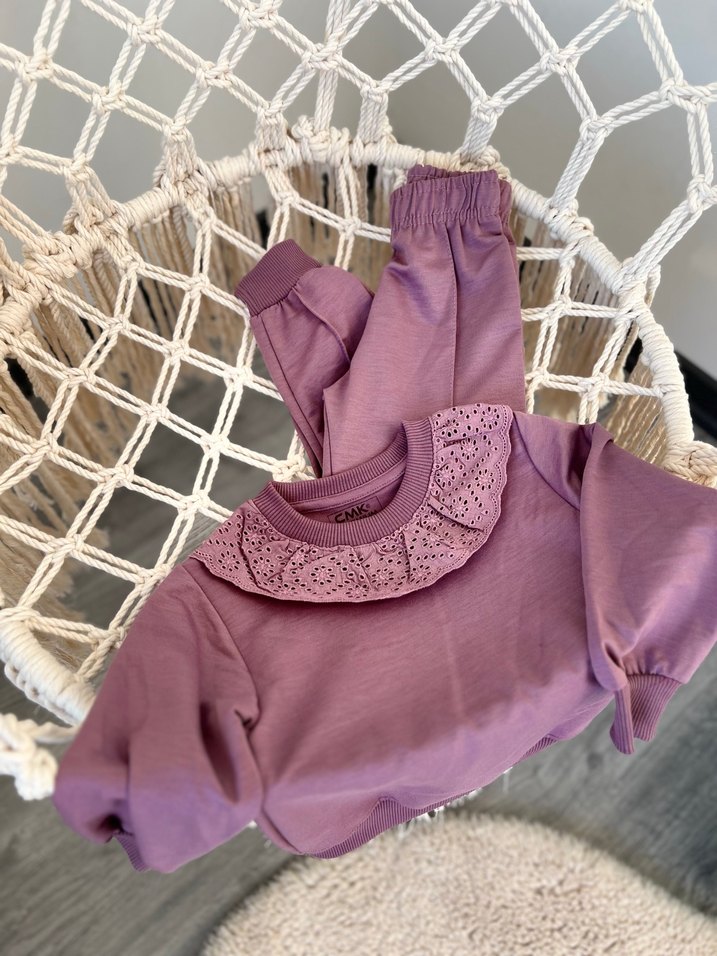 Mor Kapüşonlu Kız Sweatshirt takım - Görsel 5