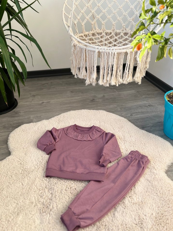 Mor Kapüşonlu Kız Sweatshirt takım - Görsel 4