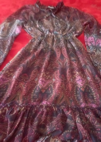 şifon Bohem Uzun Kollu Desenli Elbise - Görsel 2