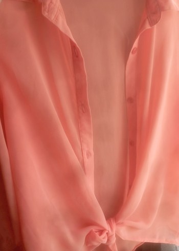 somon renk Düğmeli V Yaka Kadın Gömlek - Görsel 2