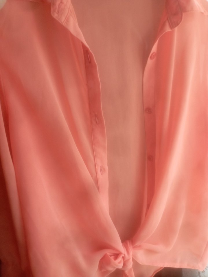 somon renk Düğmeli V Yaka Kadın Gömlek - Görsel 2