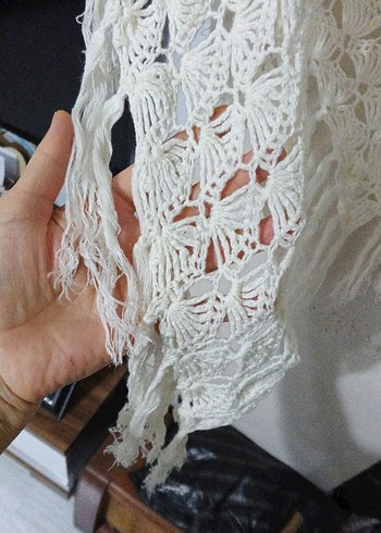 Bohem Tarzı Beyaz Örgü Kadın Şal - Görsel 4