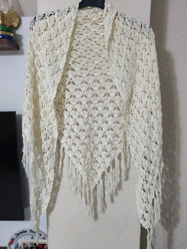Bohem Tarzı Beyaz Örgü Kadın Şal - Görsel 2