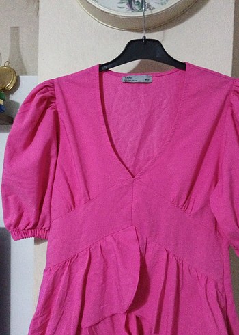 Pembe V Yaka Midi Elbise - Görsel 2