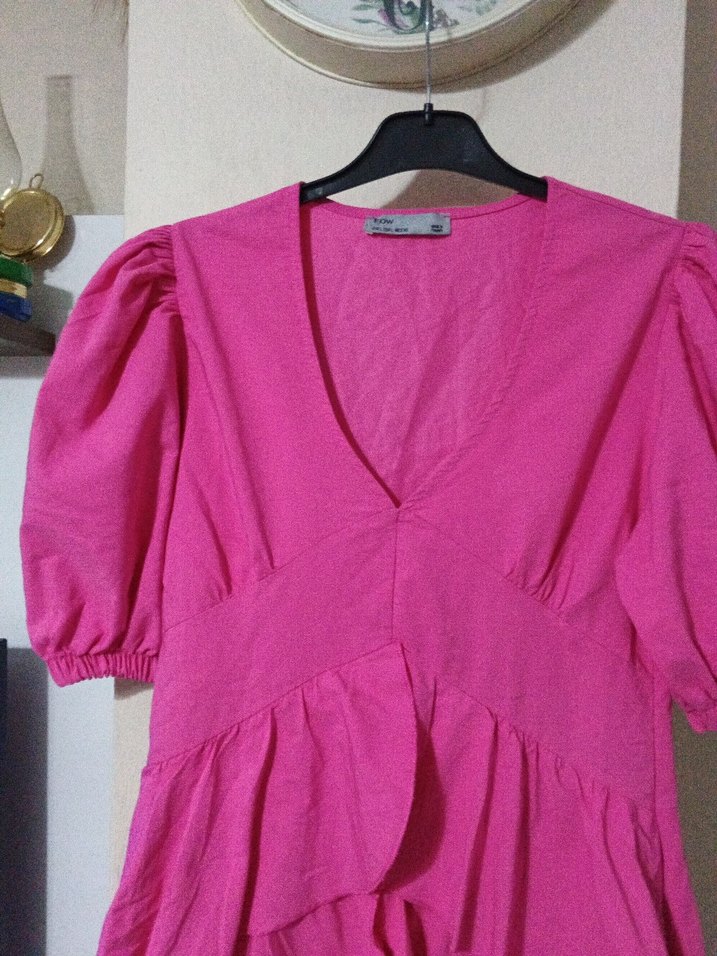 Pembe V Yaka Midi Elbise - Görsel 2