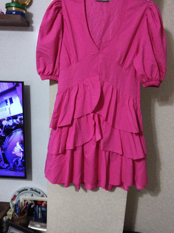 Pembe V Yaka Midi Elbise - Görsel 3