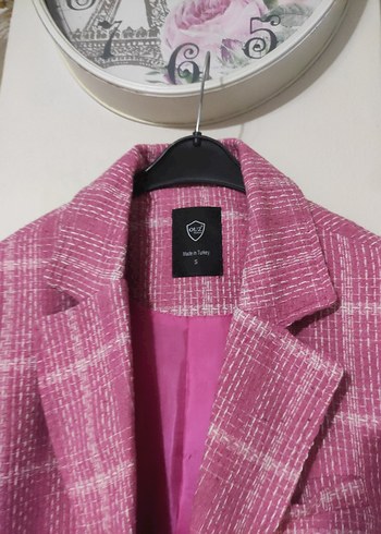 m Beden Düğmeli Pembe Ekose Mini Blazer