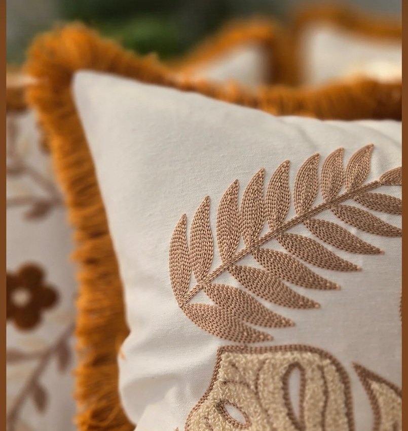 Bohem Tarz İşlemeli Kahverengi Kırlent - Görsel 2