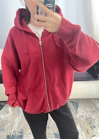 Kırmızı Fermuarlı Rahat Sweatshirt