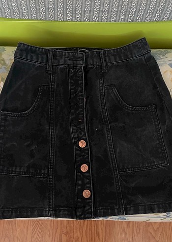 36 Beden Stradivarius Düğmeli Siyah Midi Denim Mini Etek