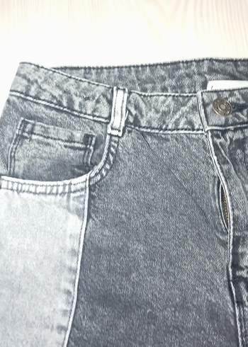 13-14 Yaş Beden Gri Bağlama Desenli Düğmeli Mini Denim Şort