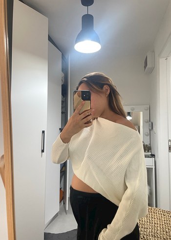 s Beden beyaz Renk Beyaz Drapeli Kayık Yaka Kadın Kazak