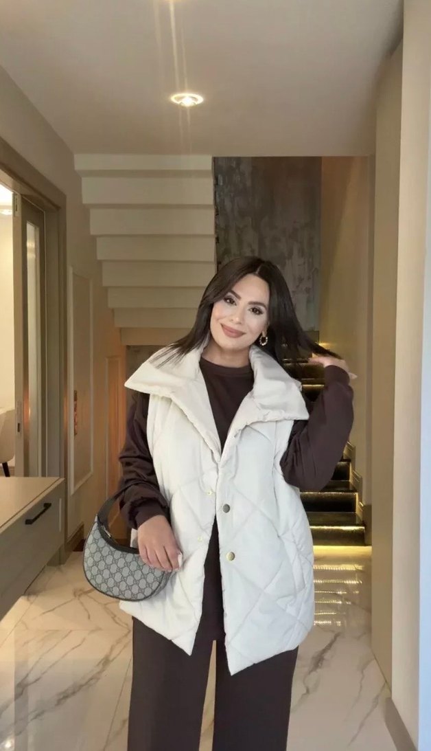 Kapitone Yelek, Yüksek Yakalı, Krem Renk - Görsel 4