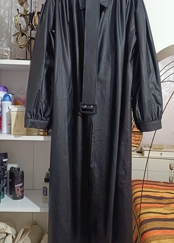 Kemerli Siyah Uzun Deri ceket - Görsel 2