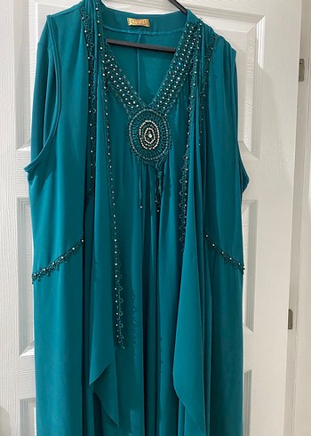 Boncuk İşlemeli Turkuaz Bohem Uzun Anne Abiye - Görsel 3