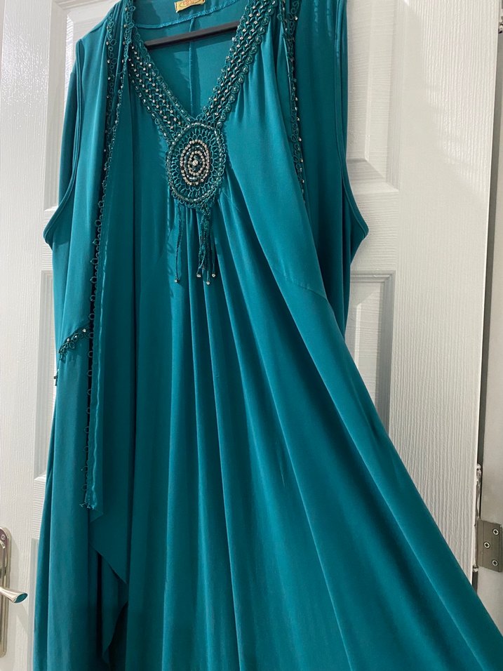 Boncuk İşlemeli Turkuaz Bohem Uzun Anne Abiye - Görsel 2