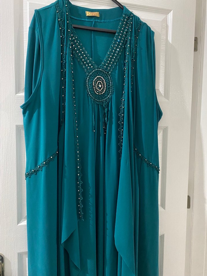 Boncuk İşlemeli Turkuaz Bohem Uzun Anne Abiye - Görsel 3