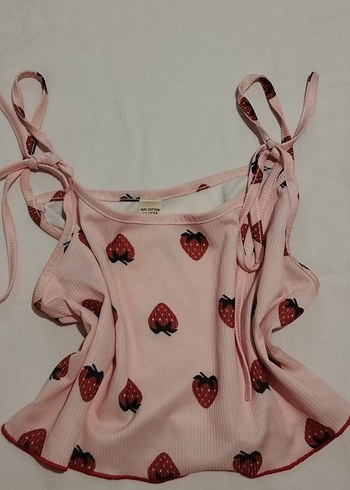 Pembe Çilek Baskılı Mini Askılı Üst, Pijama