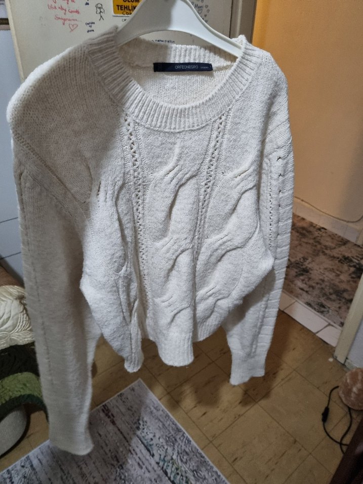 Bohem Tarz bej rengi Örgü crop Kadın Kazak - Görsel 2