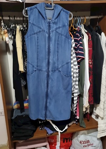 Kadın Mavi Kolsuz Denim Midi yelek