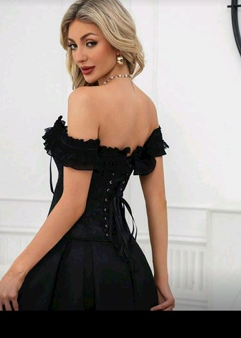 Sheinside Shein Dantel Detaylı Siyah Gotik Straplez Büstiyer Korse