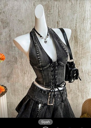 Shein Kemer Detaylı Siyah Denim Halter Yaka Büstiyer