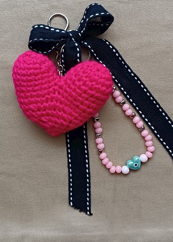 Pembe Boncuklu Bohem Elörgüsü Kalpli Anahtarlık Çanta Süsü - Görsel 2
