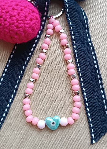 Pembe Boncuklu Bohem Elörgüsü Kalpli Anahtarlık Çanta Süsü - Görsel 5
