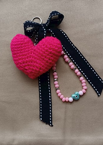 Pembe Boncuklu Bohem Elörgüsü Kalpli Anahtarlık Çanta Süsü - Görsel 4