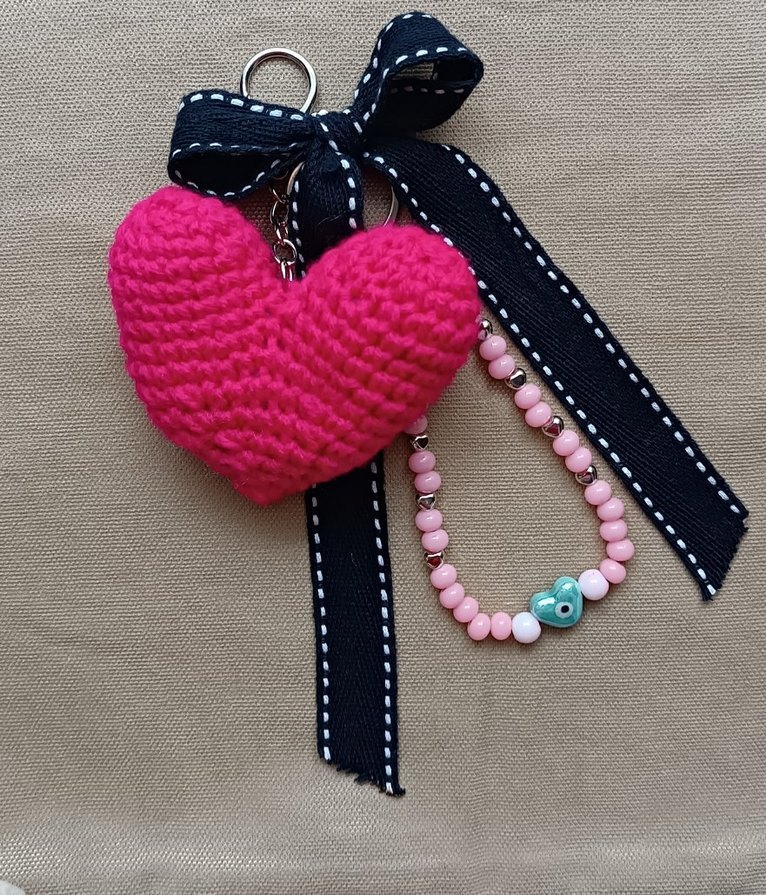 Pembe Boncuklu Bohem Elörgüsü Kalpli Anahtarlık Çanta Süsü - Görsel 2